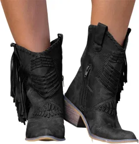 JFISQ Mid-Tube Western Cowboy Boots Round Toe Short Boots Retro Thick Heel Fringed Boots Women's Side Zipper Boots Outdoor Hiking Bootsankle Motorcycle Riding Boots,Black,42