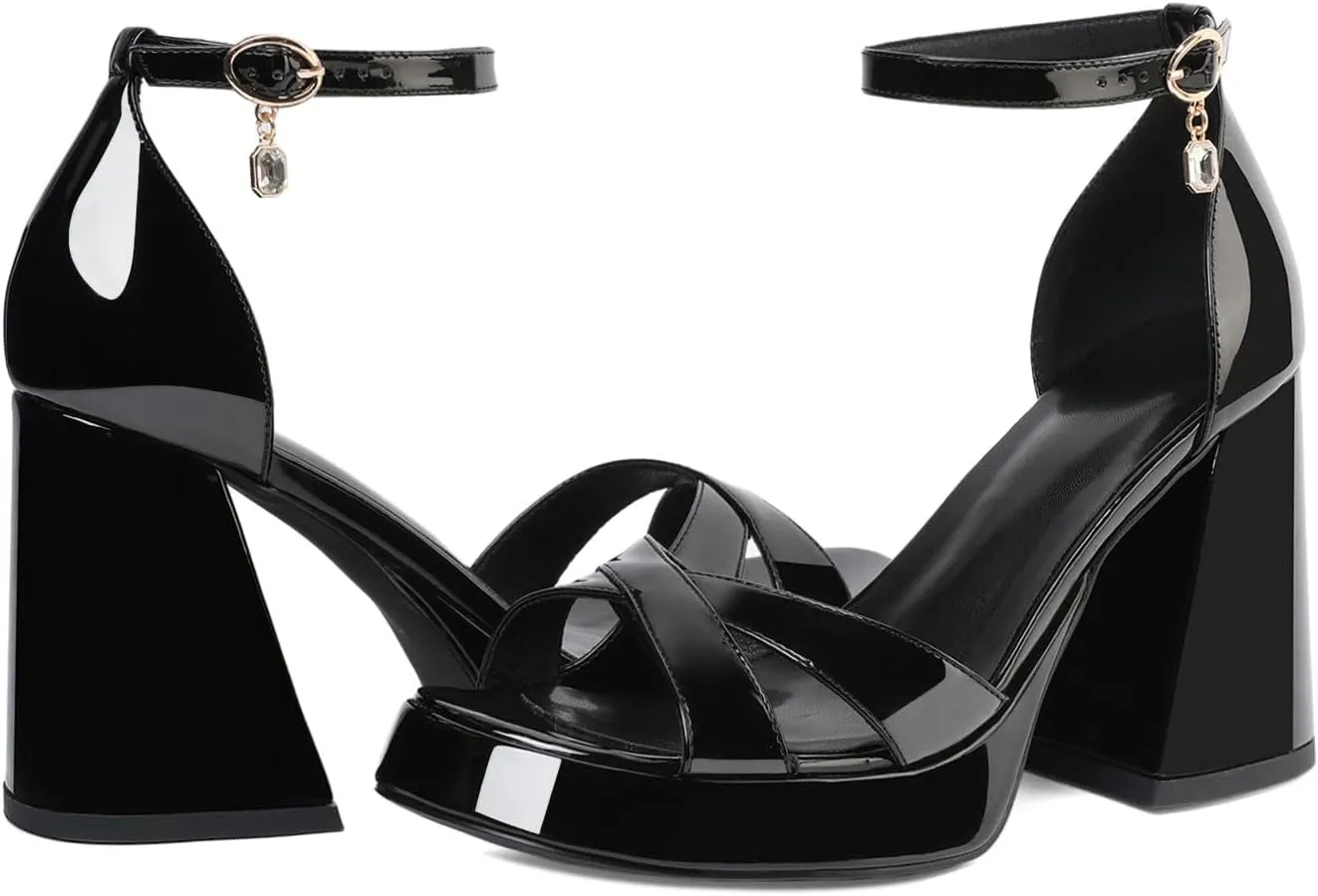 Joseywade Heeled Sandals Strappy Platform Chunky Block High Heels Round Open Toe 4 Inch Ankle Strap Sexy Work Dance Shoes