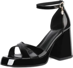 Joseywade Heeled Sandals Strappy Platform Chunky Block High Heels Round Open Toe 4 Inch Ankle Strap Sexy Work Dance Shoes