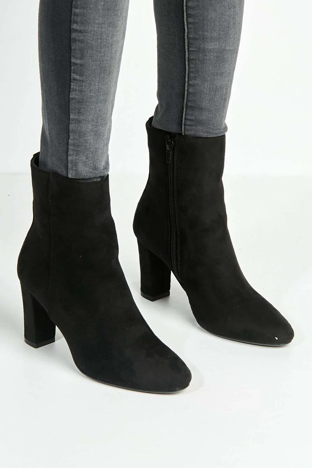 Judy Side Zip Block Heel Ankle Boots in Black Suede
