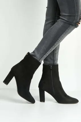 Judy Side Zip Block Heel Ankle Boots in Black Suede
