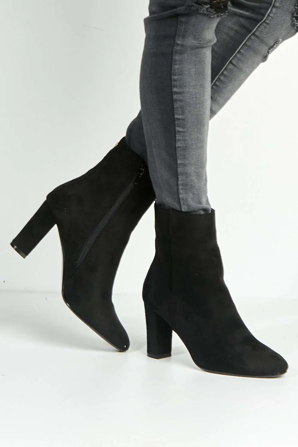 Judy Side Zip Block Heel Ankle Boots in Black Suede