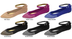 ladies microsuede pointed flats with ankle strap & heat seals Case of 36
