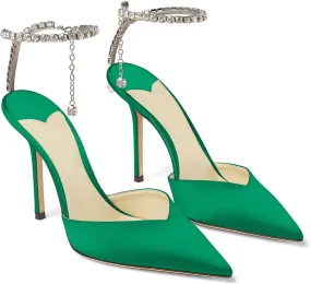 LauraVicci Women's Heeled Sandals Crystal Chain Ankle Straps Rhinestones Buckle High Heels Stiletto Slip On Wedding Party Satin Dress Shoes