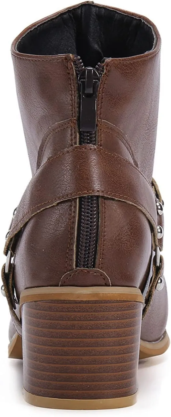 Leather Boots for Women Ankle Booties Fashion Pointed Toe Closed Toe Belt Buckle Back Zipper Stacked Heel Mid Heel Booties Winter Warm Casual Shoes
