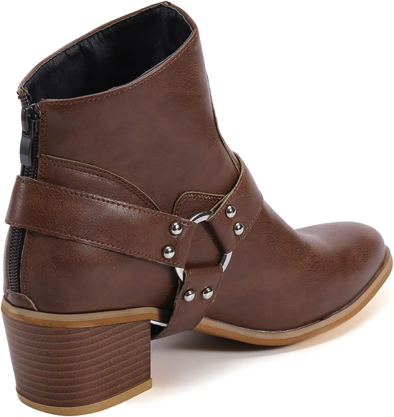 Leather Boots for Women Ankle Booties Fashion Pointed Toe Closed Toe Belt Buckle Back Zipper Stacked Heel Mid Heel Booties Winter Warm Casual Shoes