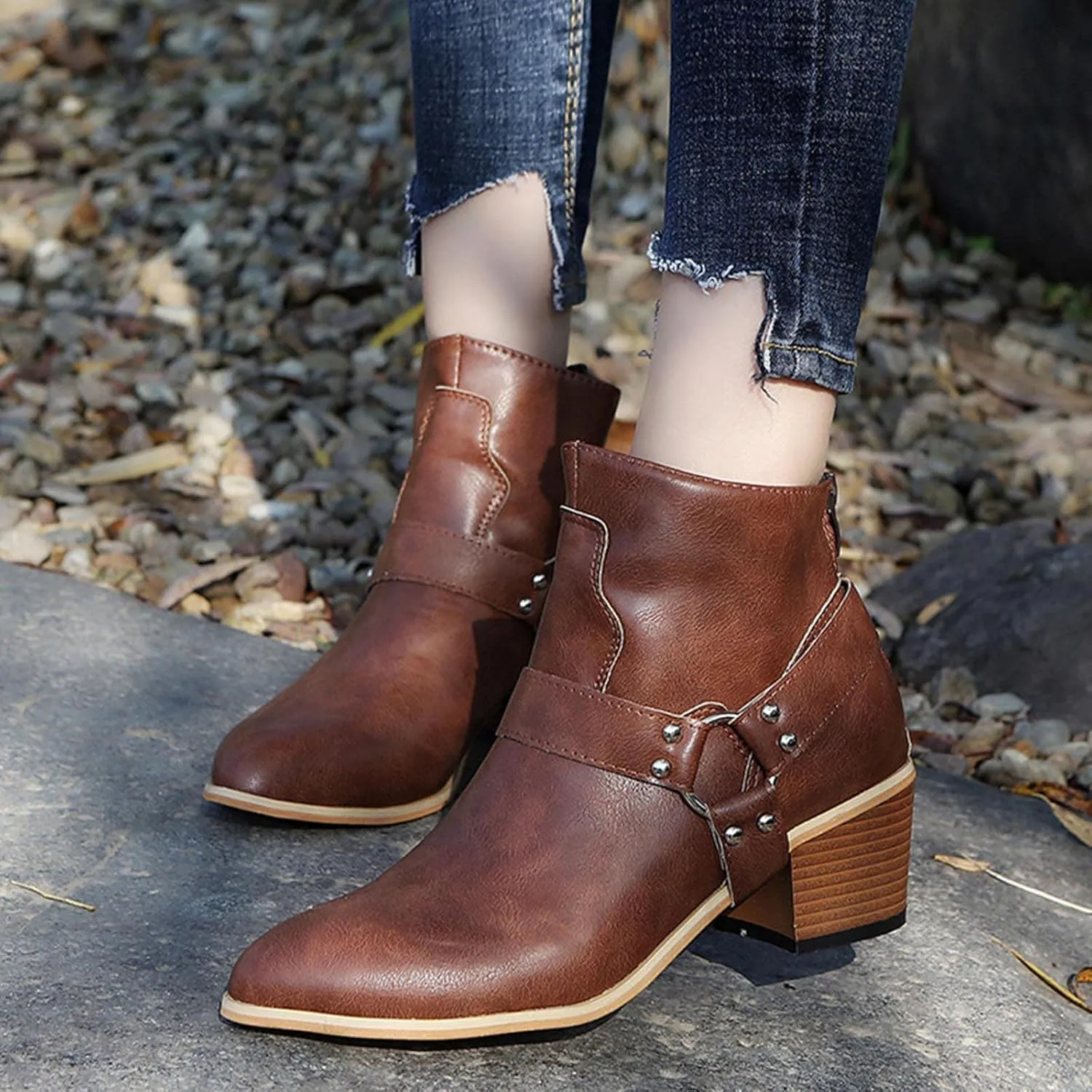 Leather Boots for Women Ankle Booties Fashion Pointed Toe Closed Toe Belt Buckle Back Zipper Stacked Heel Mid Heel Booties Winter Warm Casual Shoes
