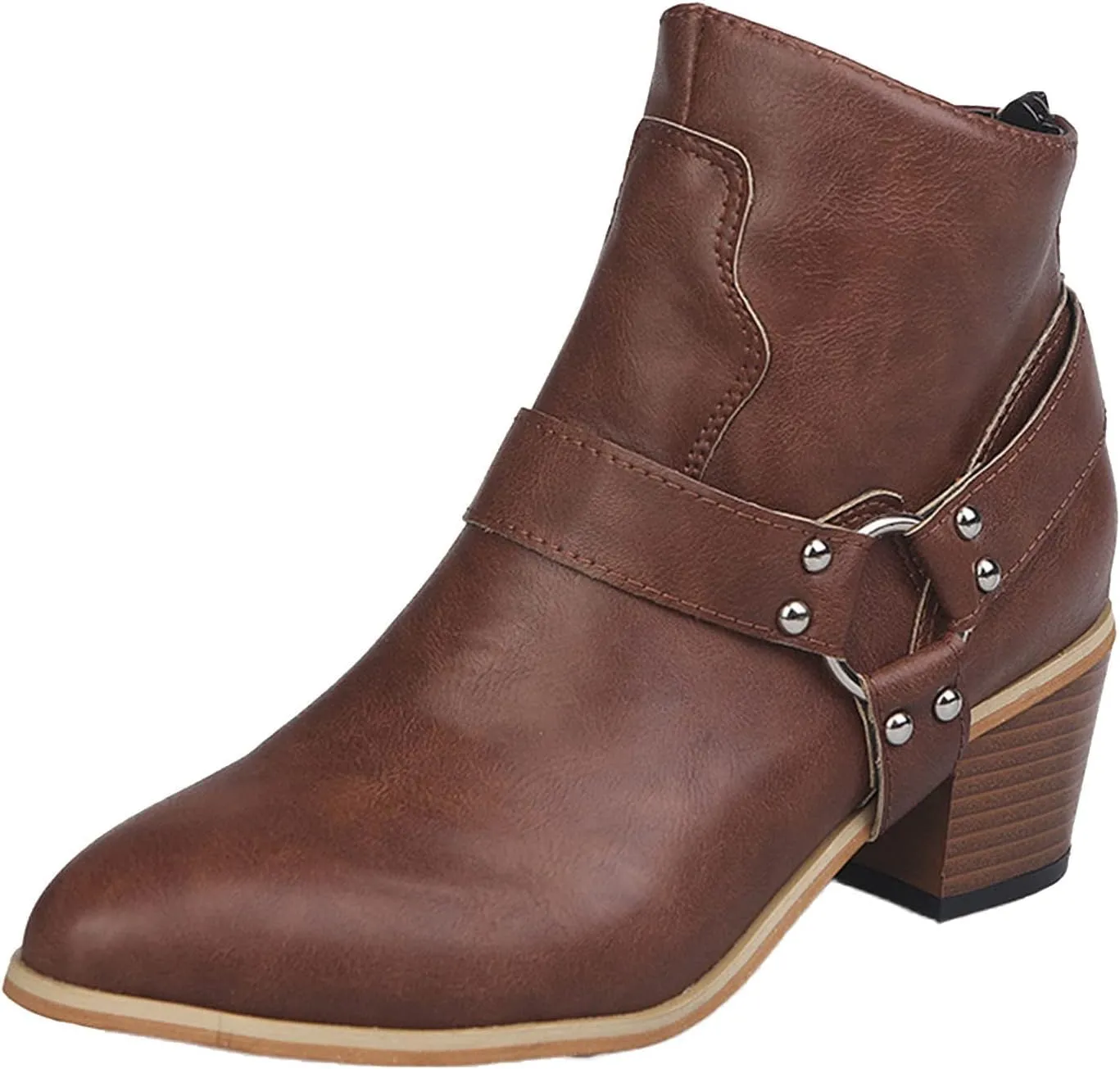 Leather Boots for Women Ankle Booties Fashion Pointed Toe Closed Toe Belt Buckle Back Zipper Stacked Heel Mid Heel Booties Winter Warm Casual Shoes