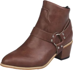 Leather Boots for Women Ankle Booties Fashion Pointed Toe Closed Toe Belt Buckle Back Zipper Stacked Heel Mid Heel Booties Winter Warm Casual Shoes