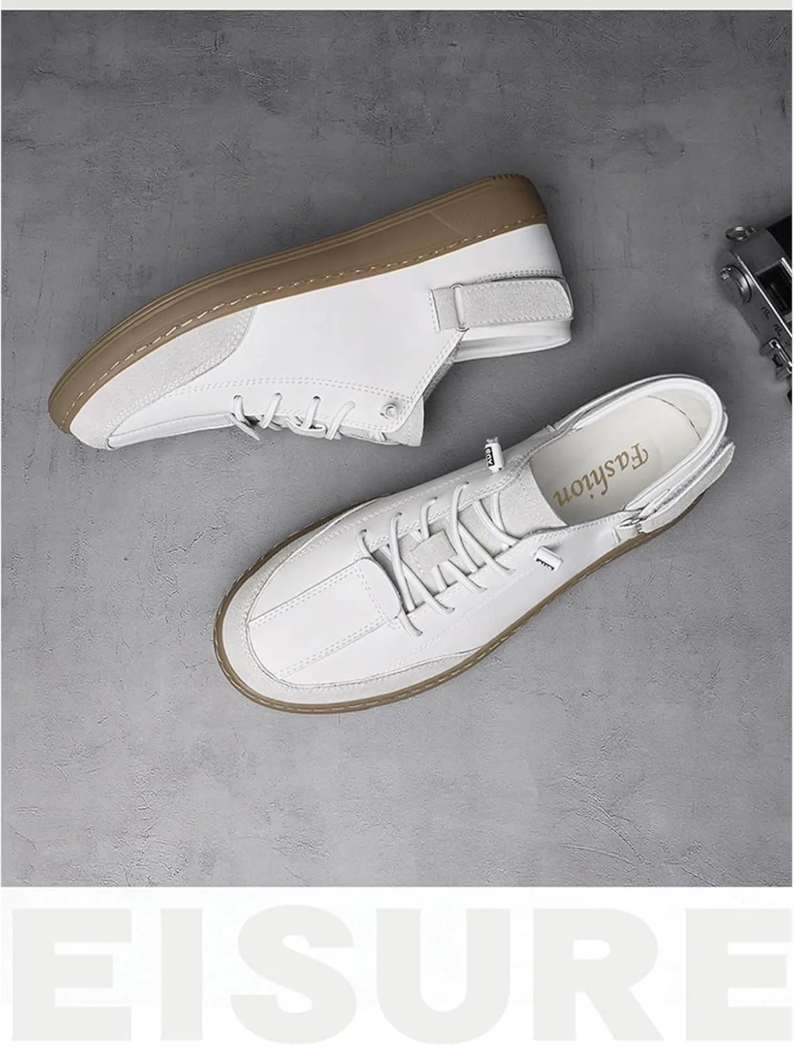 Men's Leather Elastic Lacing Low Top Dress Sneakers Fashionable Color Blocking Flat Hook Loop Casual Walking Skateboard Shoes for Driving Office Work