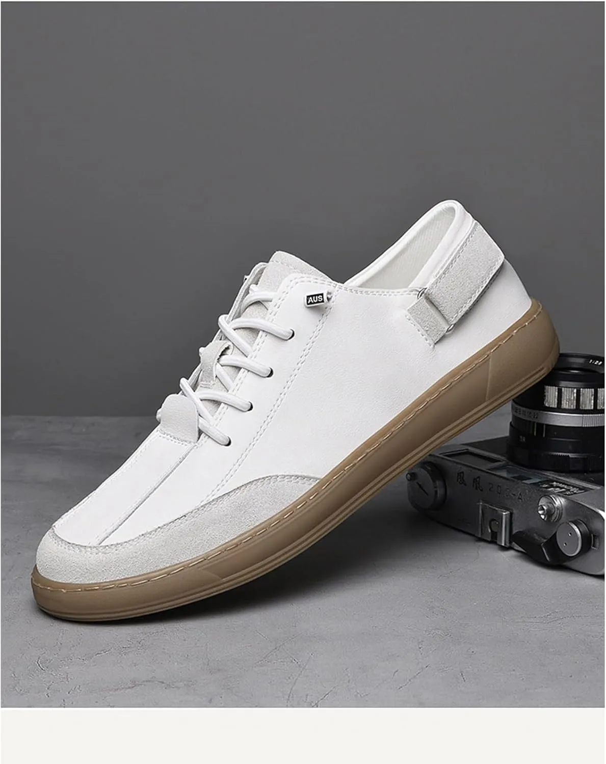 Men's Leather Elastic Lacing Low Top Dress Sneakers Fashionable Color Blocking Flat Hook Loop Casual Walking Skateboard Shoes for Driving Office Work