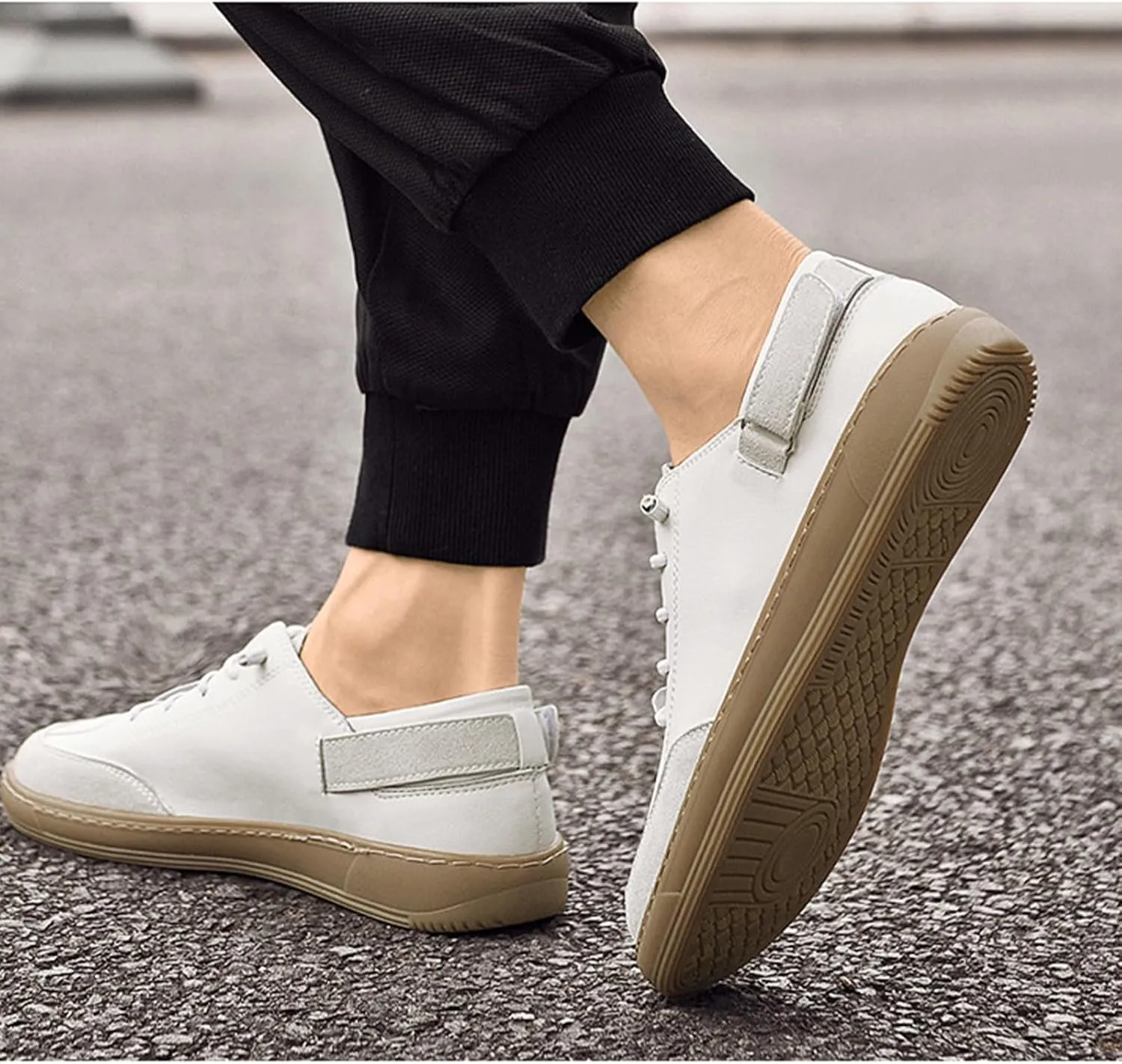 Men's Leather Elastic Lacing Low Top Dress Sneakers Fashionable Color Blocking Flat Hook Loop Casual Walking Skateboard Shoes for Driving Office Work