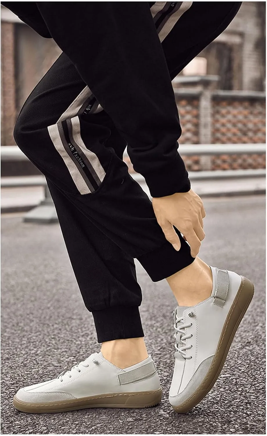 Men's Leather Elastic Lacing Low Top Dress Sneakers Fashionable Color Blocking Flat Hook Loop Casual Walking Skateboard Shoes for Driving Office Work
