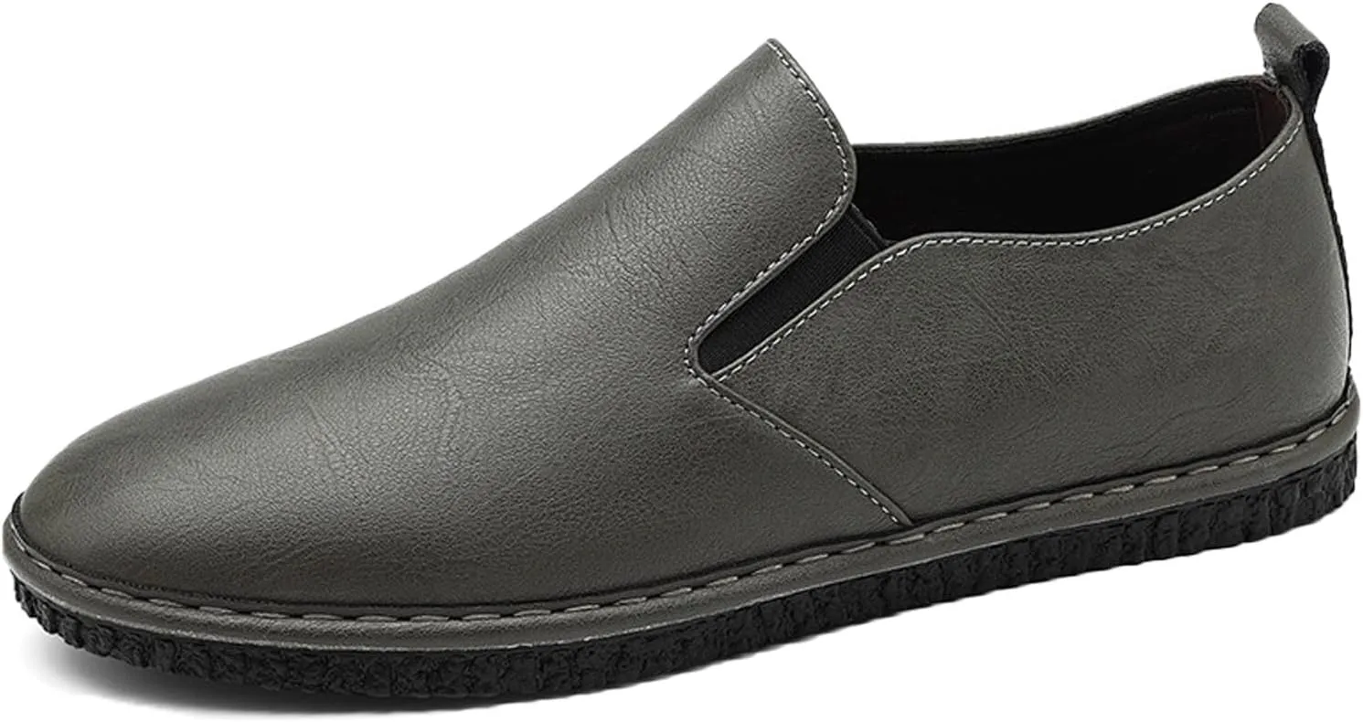 Men's Leather Round Toe Flat Slip-On Loafers Casual Low Top Hollow Out Breathable Penny Sandals Comfortable Non-Slip Soft Bottom Driving Work Shoes