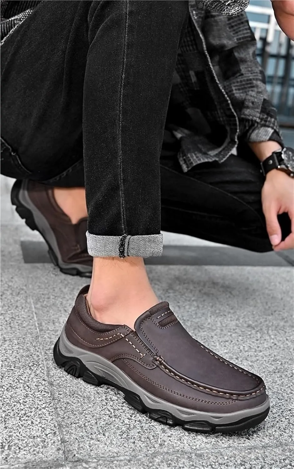 Men's Outdoor Waterproof Hiking Shoes Slip-on Loafers Lace-up Fashionable Square Toe Breathable Non-Slip Leather Shoes Wear-Resistant Work Shoes for Men