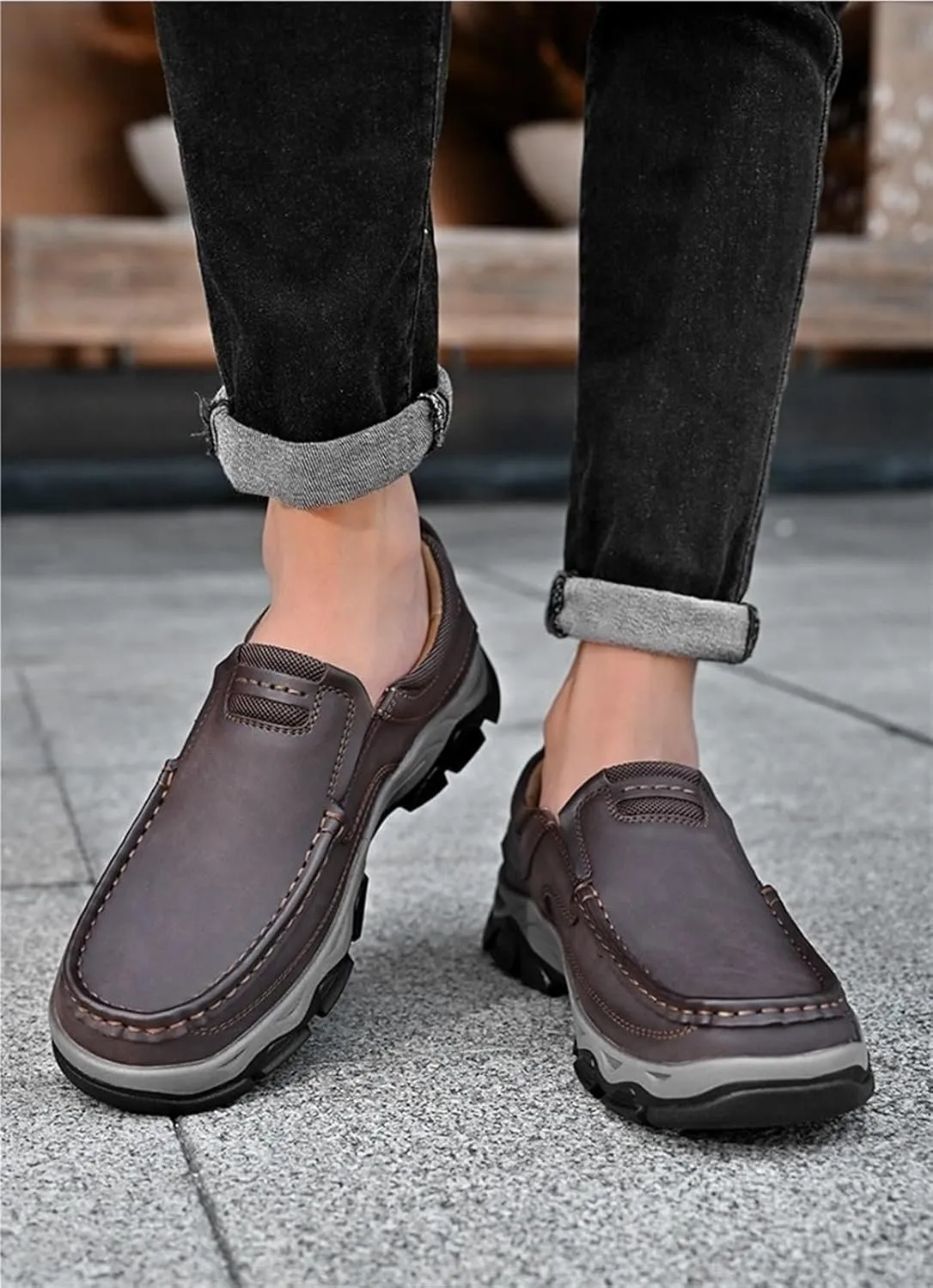 Men's Outdoor Waterproof Hiking Shoes Slip-on Loafers Lace-up Fashionable Square Toe Breathable Non-Slip Leather Shoes Wear-Resistant Work Shoes for Men