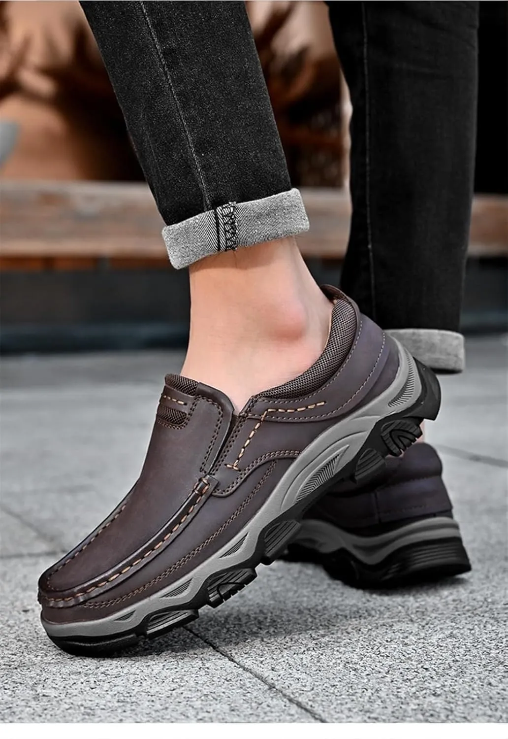 Men's Outdoor Waterproof Hiking Shoes Slip-on Loafers Lace-up Fashionable Square Toe Breathable Non-Slip Leather Shoes Wear-Resistant Work Shoes for Men