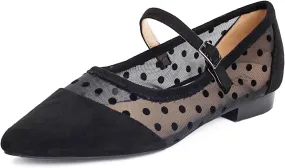 Mesh Ballet Flats for Women Point Toe Splicing Dot Tulle Ballerina Shoes with Adjustable Ankle Strap Comfortable Casual Work Dress Office Womens Flats Shoes