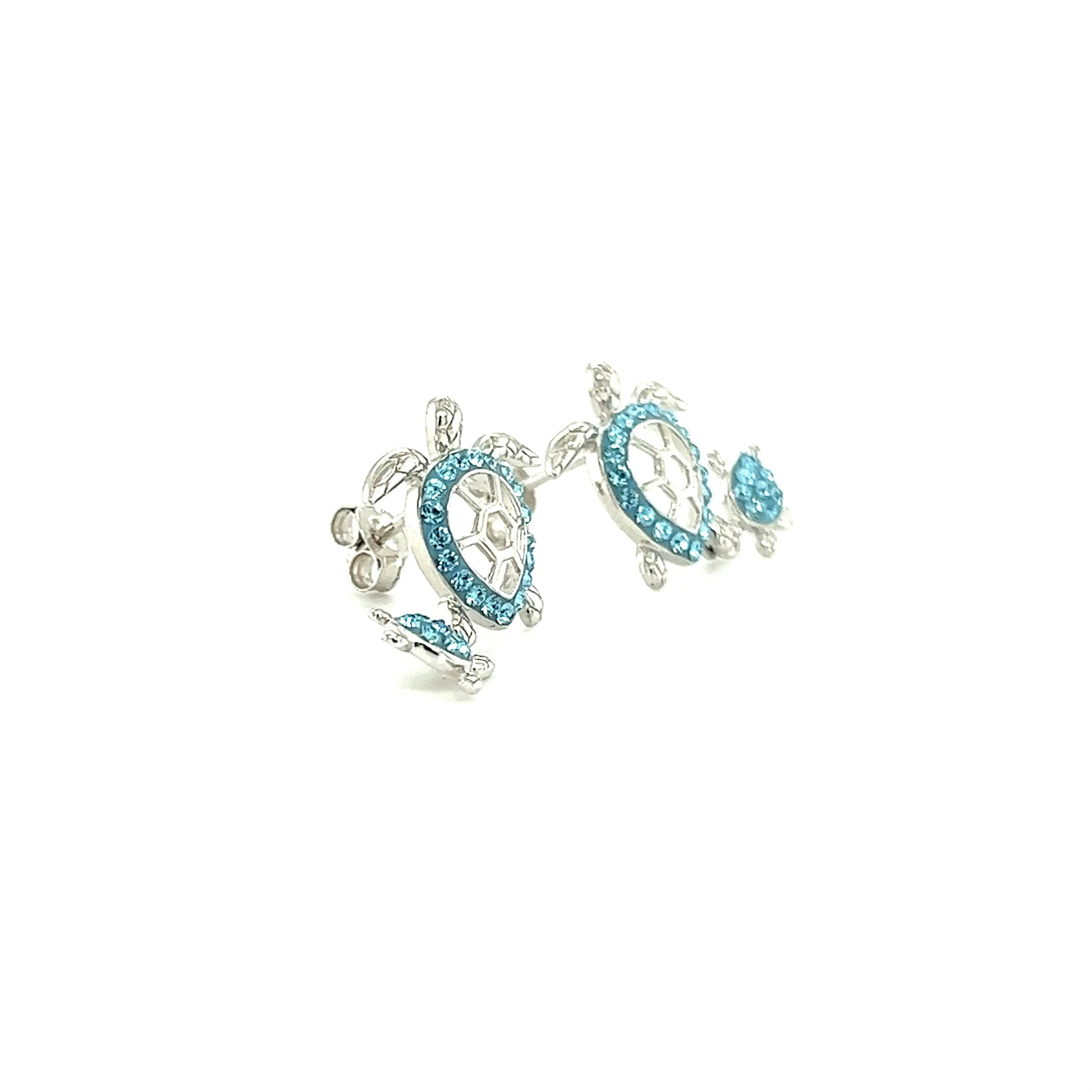 Mother and Baby Sea Turtle Earrings with Aqua Crystals in Sterling Silver