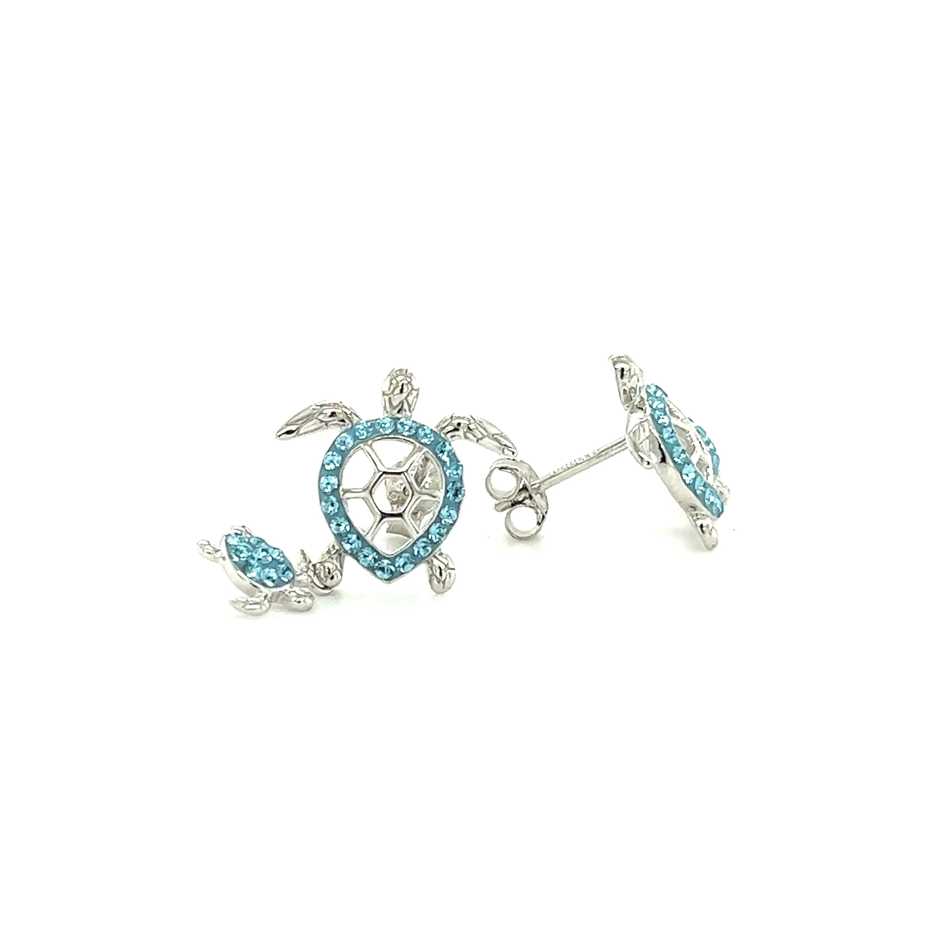 Mother and Baby Sea Turtle Earrings with Aqua Crystals in Sterling Silver