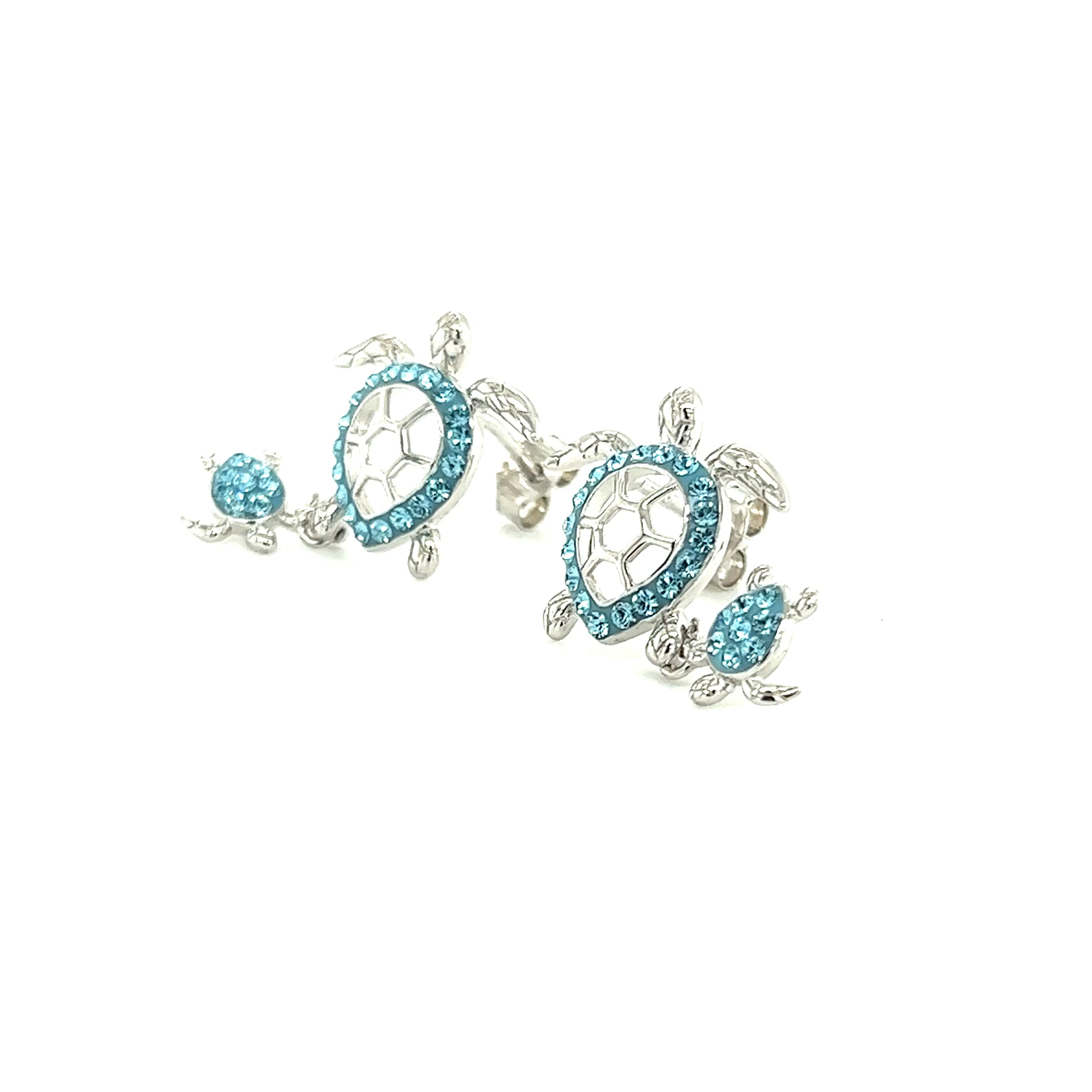 Mother and Baby Sea Turtle Earrings with Aqua Crystals in Sterling Silver