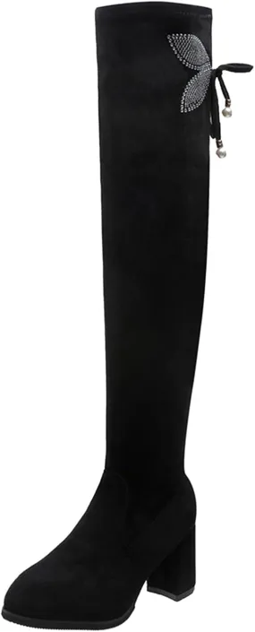 Over The Knee Boots for Women Knee High Boots Women Thick Heel Rhinestone Bow Boots High Heel Thin Elastic Boots