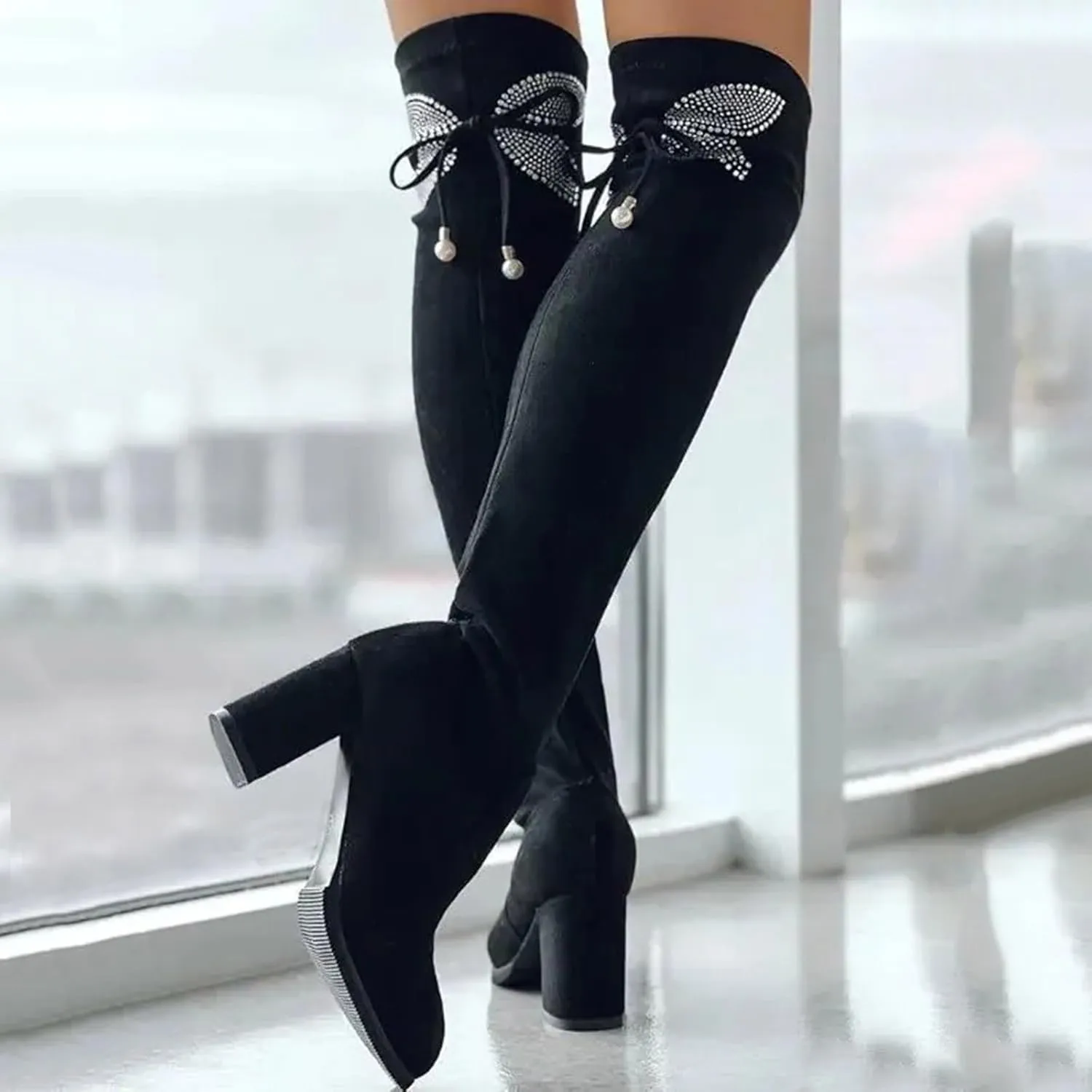 Over The Knee Boots for Women Knee High Boots Women Thick Heel Rhinestone Bow Boots High Heel Thin Elastic Boots