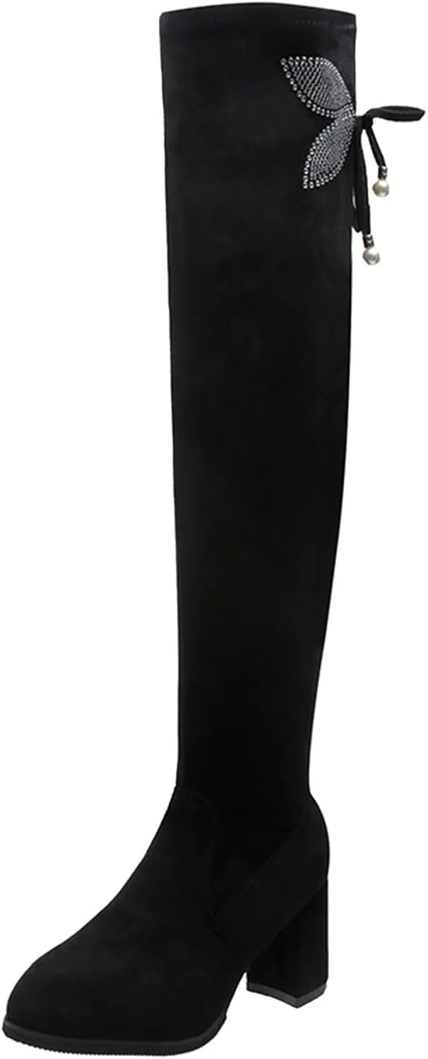 Over The Knee Boots for Women Knee High Boots Women Thick Heel Rhinestone Bow Boots High Heel Thin Elastic Boots