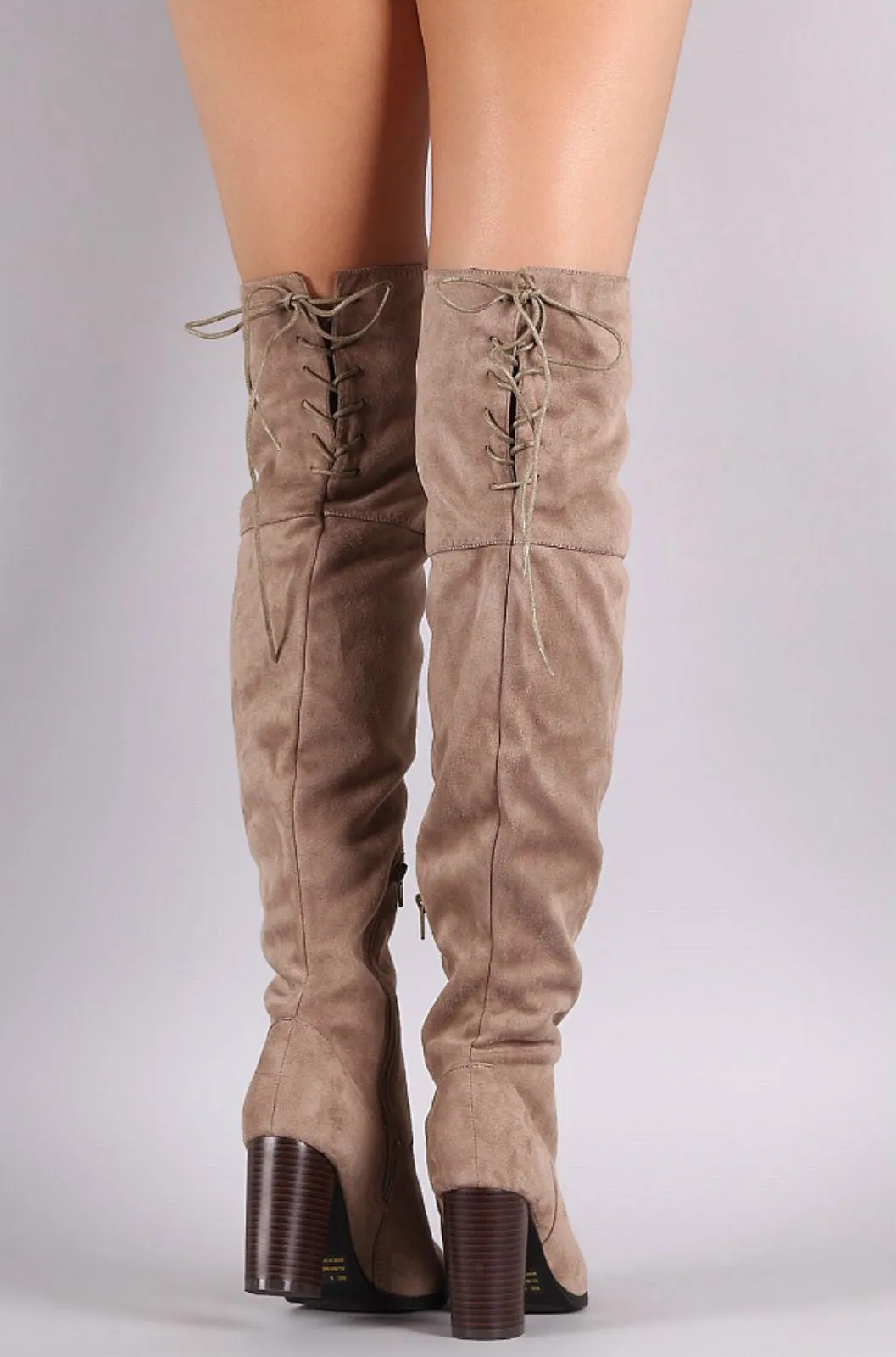 Over the Knee Lace Up Boots with Heel - Taupe