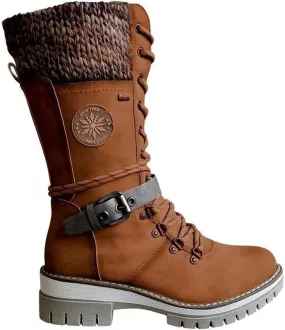 Round Head Women's Western Boots Wool Ankle Buckle Strap Fashion Casual Snow Boots Lace Up Zip Mid Calf Booties Platform Chunky Heel Mid Tube Booties Shoes