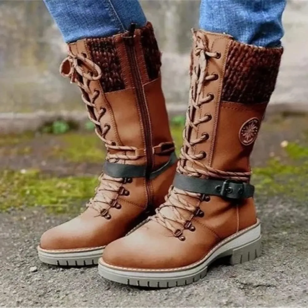 Round Head Women's Western Boots Wool Ankle Buckle Strap Fashion Casual Snow Boots Lace Up Zip Mid Calf Booties Platform Chunky Heel Mid Tube Booties Shoes