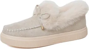 SACFOF Womens Winter Flat Boots Warm Durable Shoes With Fur Lined Fuzzy Ankle Snow Boots Platform Thick Plush Casual Loafers