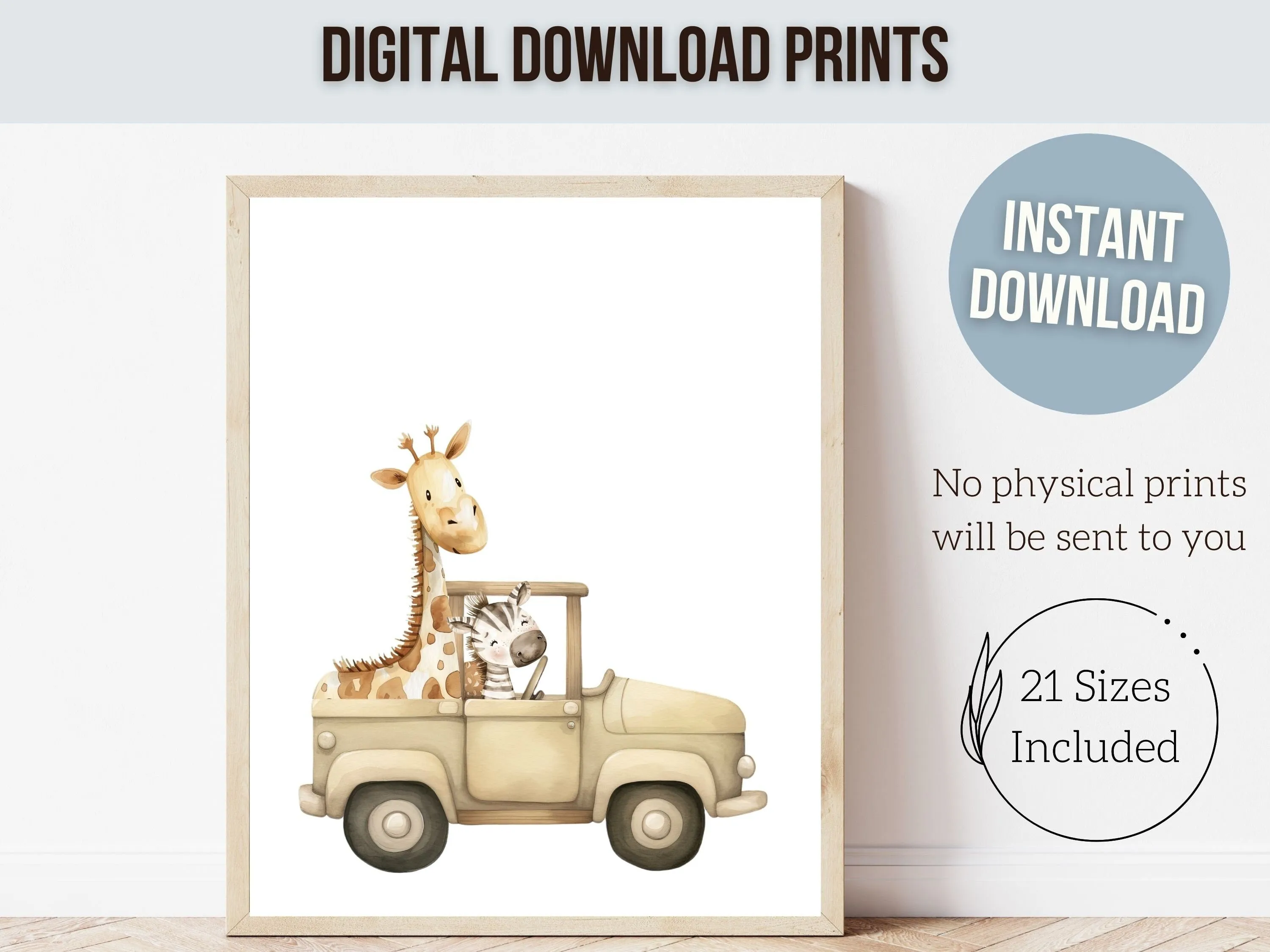 Safari Animals Driving Cars Nursery Prints