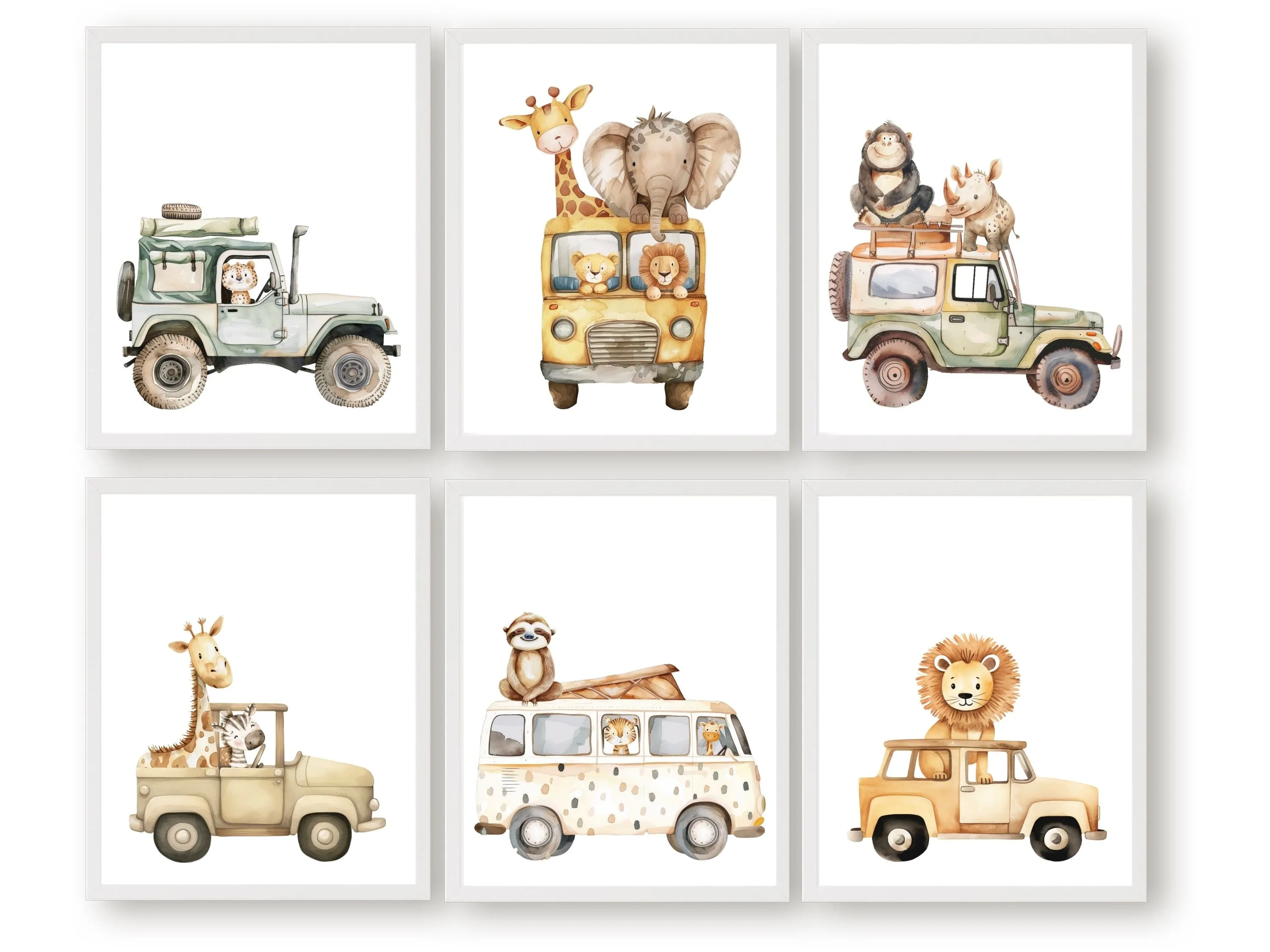Safari Animals Driving Cars Nursery Prints