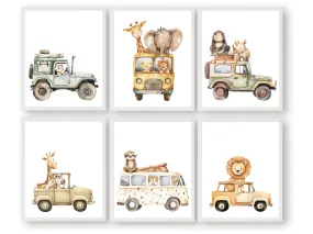 Safari Animals Driving Cars Nursery Prints
