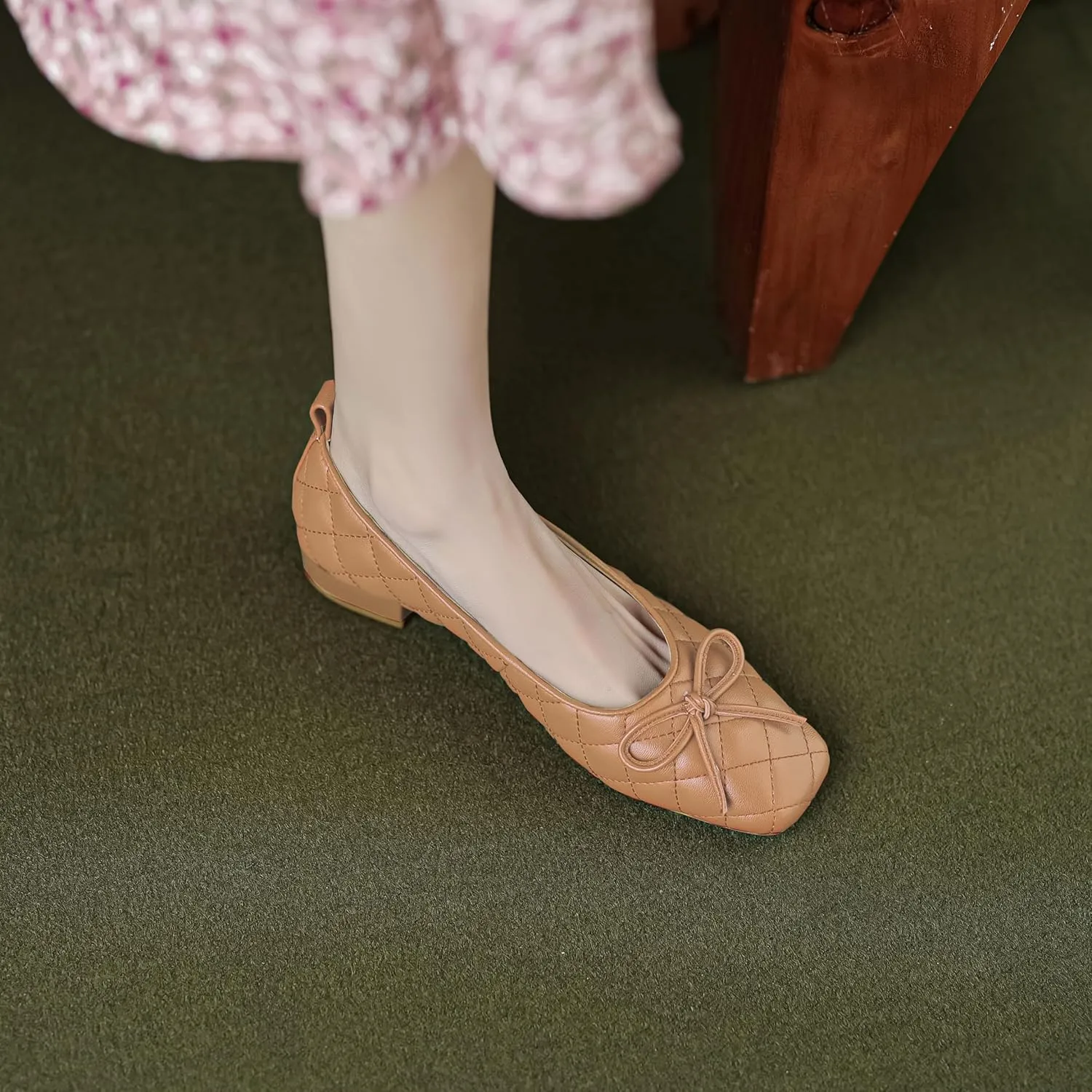 SHODENSE Women Square Closed Toe Flats Shoes with Bow Quilted Ballet Flats Slip On Comfortable Matte Leather Flat Heel Office Work Shoes Ladies Girls Driving Flats Club Church Spring Retro 4-11 M US