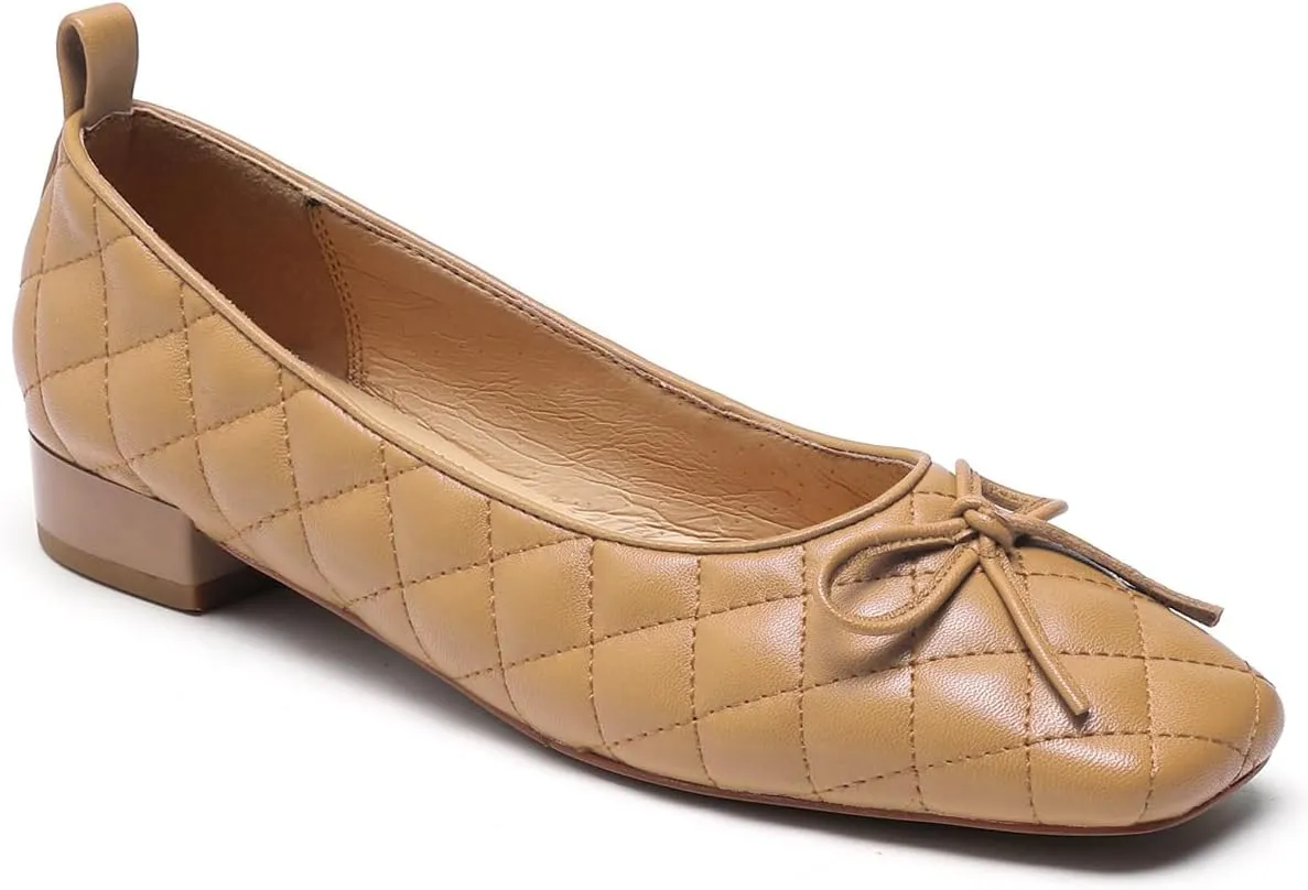 SHODENSE Women Square Closed Toe Flats Shoes with Bow Quilted Ballet Flats Slip On Comfortable Matte Leather Flat Heel Office Work Shoes Ladies Girls Driving Flats Club Church Spring Retro 4-11 M US