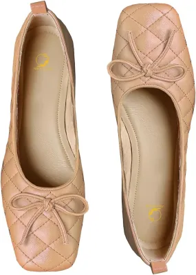 SHODENSE Women Square Closed Toe Flats Shoes with Bow Quilted Ballet Flats Slip On Comfortable Matte Leather Flat Heel Office Work Shoes Ladies Girls Driving Flats Club Church Spring Retro 4-11 M US