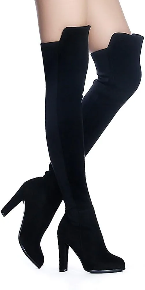 Shoe'N Tale Women Faux Suede Chunky Heel Stretch Over The Knee Thigh High Boots