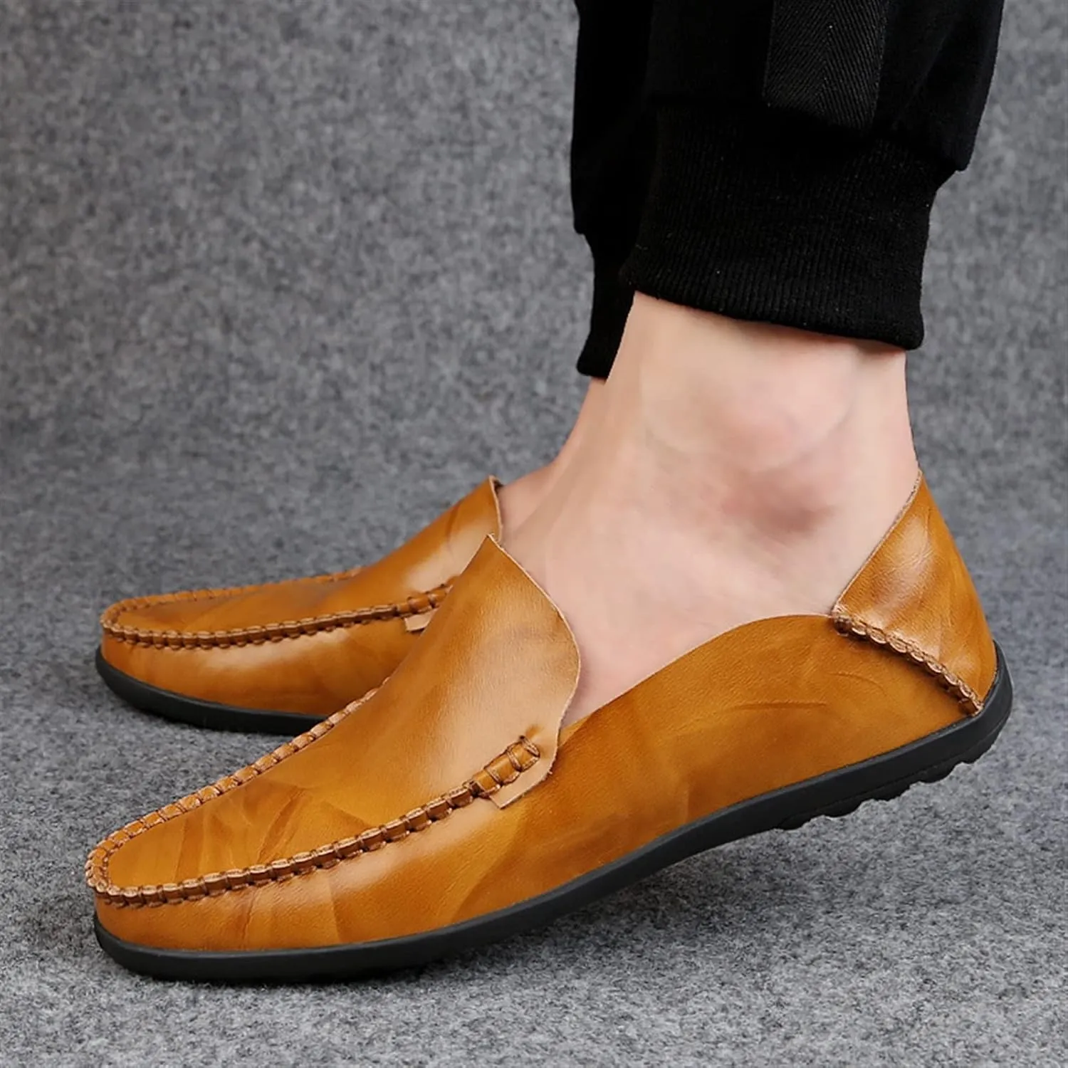 Shoes Smoking Loafer for Men Genuine Leather Round Toe Stitching Details Classic Resistant Soft Comfortable Driving Slip On for Any Attire