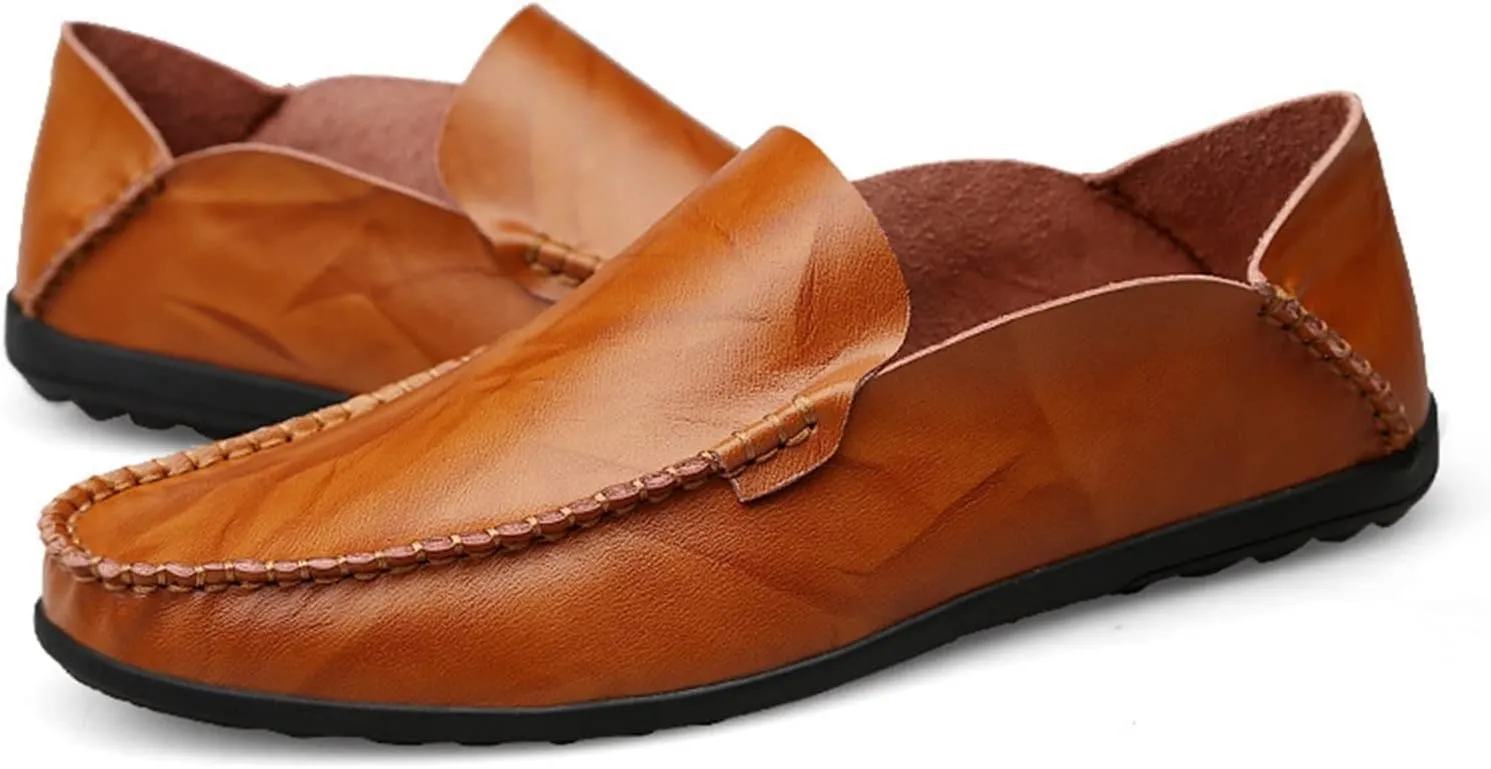 Shoes Smoking Loafer for Men Genuine Leather Round Toe Stitching Details Classic Resistant Soft Comfortable Driving Slip On for Any Attire