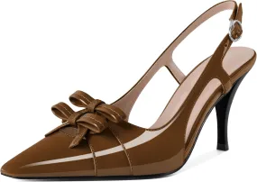 Slingback Heels Women Stilettos High Heel with Bow Square Toe Heels 3.5" Comfort Dress Pumps Shoes