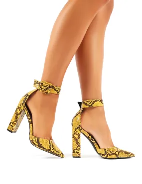 Tori Yellow Snakeskin Pointed Block High Heels