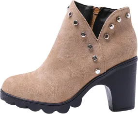 Women's Ankle Boots Fall Winter Fashion Rivet Decor Side Zipper Round Toe Chunky High Heel Mid-Calf Booties Shoes