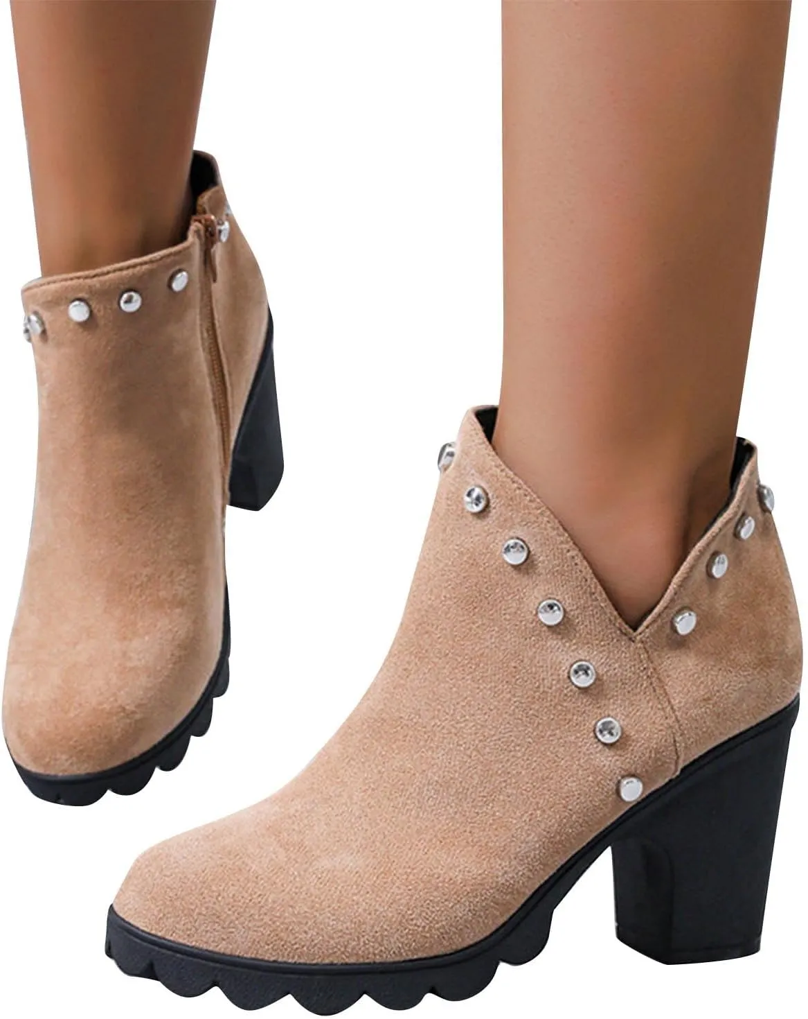 Women's Ankle Boots Fall Winter Fashion Rivet Decor Side Zipper Round Toe Chunky High Heel Mid-Calf Booties Shoes