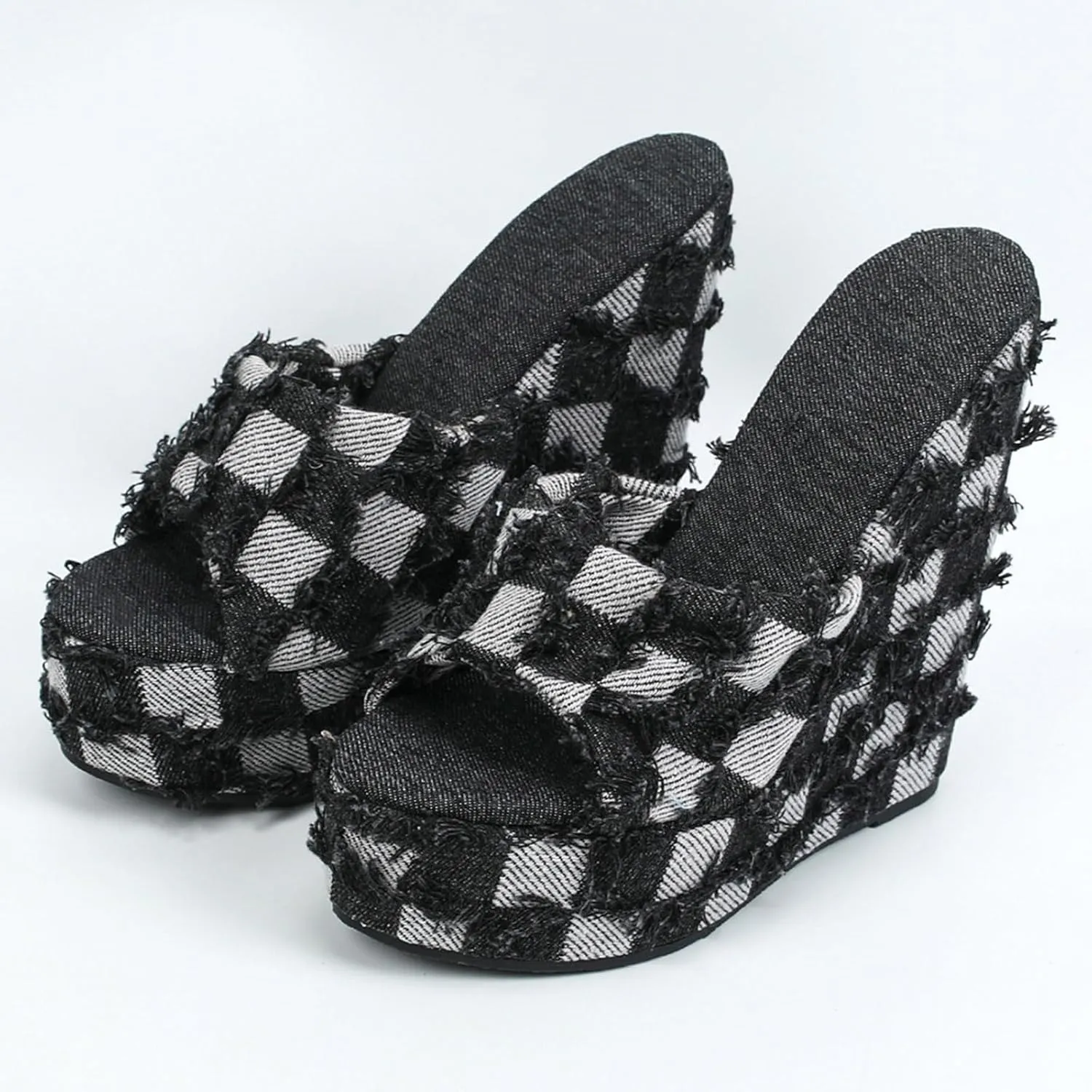 Women's Platform Wedge Slide Sandals Denim Summer Peep Open Toe Sandals Causal Backless High Heels Dressy Slippers