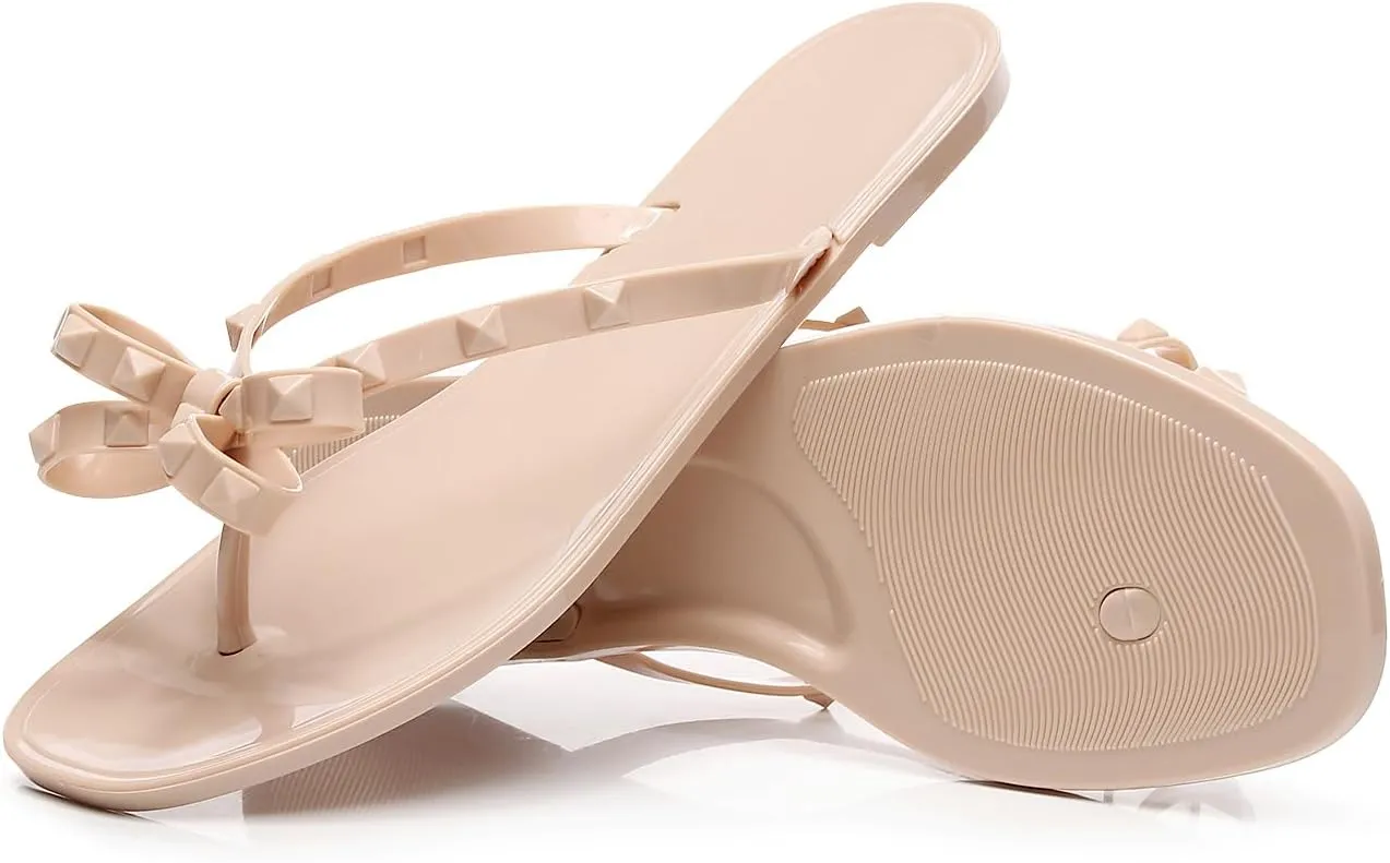 Womens Studded Sandals Flat Jelly Shoes Bow Flip Flops Thong for Ladies Black Size 7 Stud Slip On Summer Beach Rivets Dressy Slides