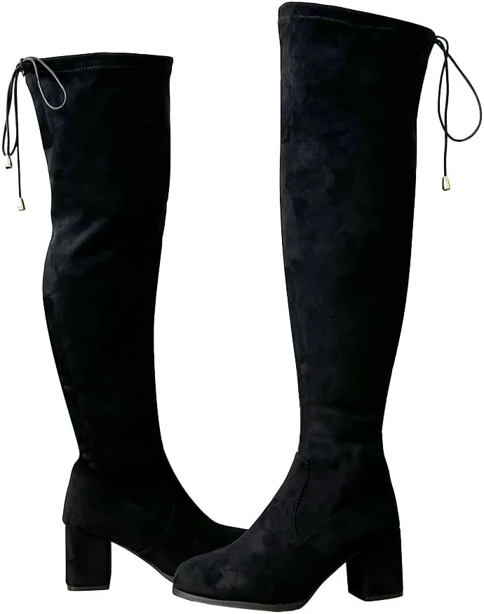 YING LAN Women's Wide Calf Over The Knee Pull On Chunky Block Heel Tall Boots