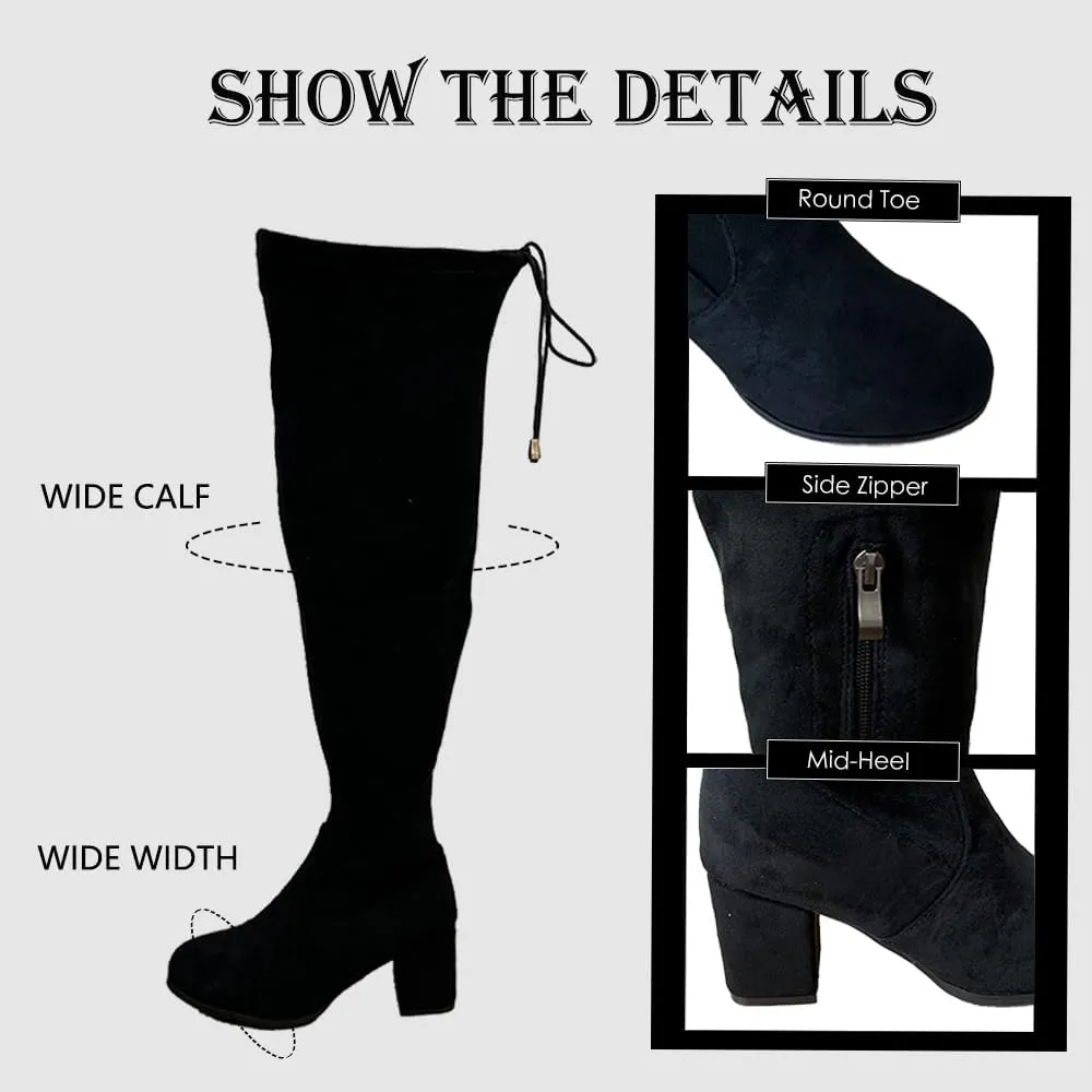 YING LAN Women's Wide Calf Over The Knee Pull On Chunky Block Heel Tall Boots