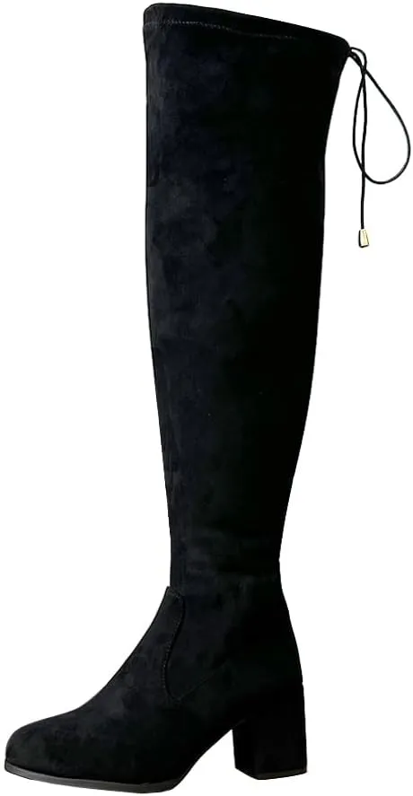 YING LAN Women's Wide Calf Over The Knee Pull On Chunky Block Heel Tall Boots